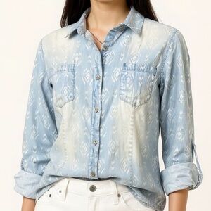 Cotton Express Light Wash Chambray Ikat Print button Front Blouse